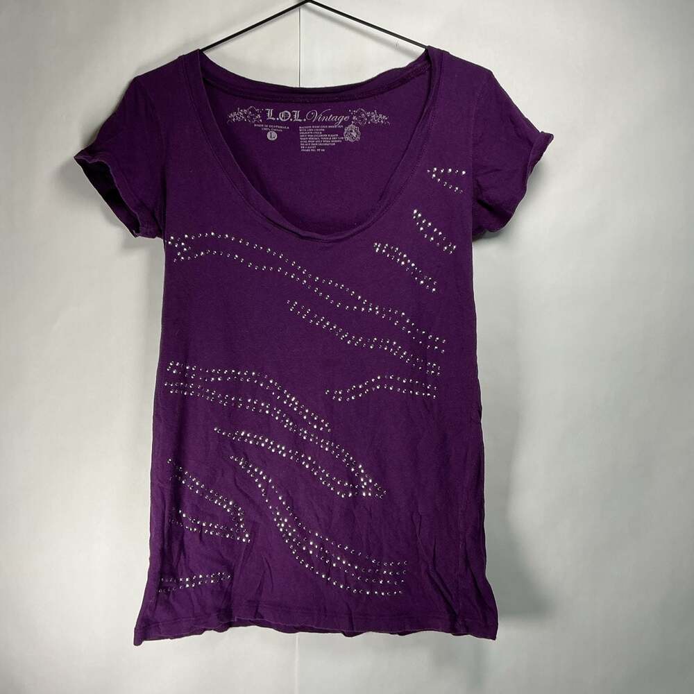 Vintage Purple Short Sleeve Rhinestone Embellished Zebra Stripe Tee Shirt